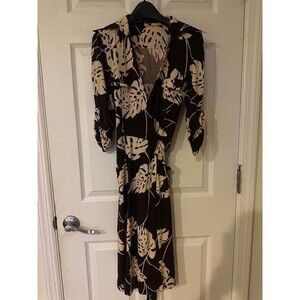 Bold and Beautiful Leave Print Wrap Dress Midi Stretch Long Sleeve Brown Med